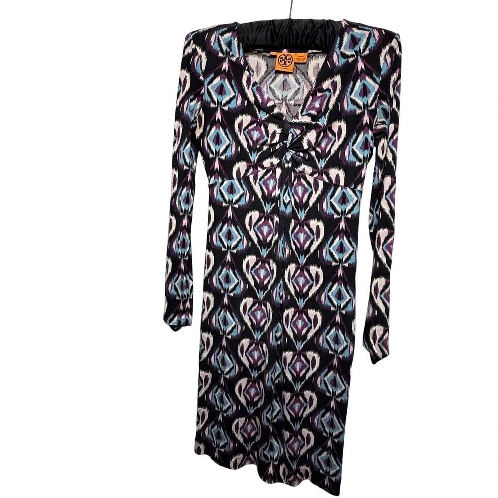 Tory Burch Geometric V Neck Dress Womens Size S Purple/Blue Silk Long Sleeve